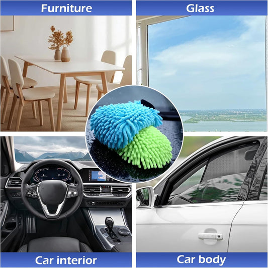 4Pcs Car Wash Mitt Microfiber Gloves Chenille Material Microfiber Towels for Car Washing Supplies Kit Scratch Free Cleaning Fluorescent Green + Royal Blue