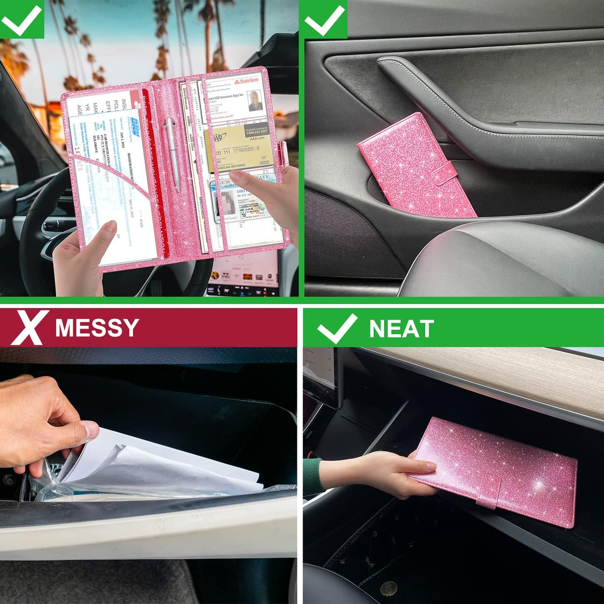 RSAquar Car Registration and Insurance Holder, Vehicle Glove Box Organizer Cool Car Accessories, Auto Truck Document Holder for Cards, Driver License, Black Glitter