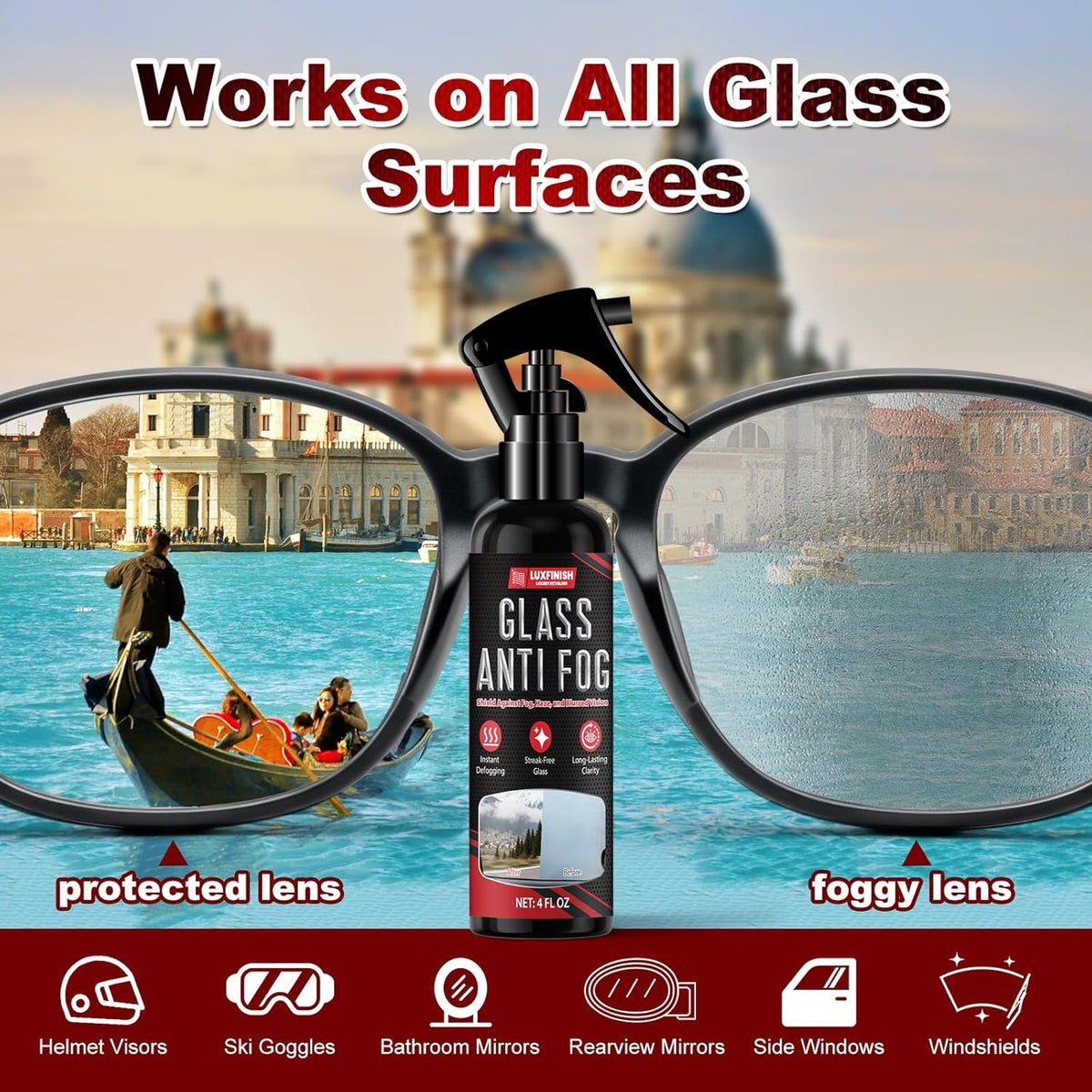 Anti Fog Spray for Glass & Windshield Defogger – 24H Long Lasting Prevention for Car, Mirrors, Windows, Goggles, Shower Door – Streak-Free & Instant Clear with Microfiber Towel, 120ml/4oz