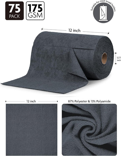 Fantasticlean Microfiber Cleaning Cloth Roll -75 Pack, Tear Away Microfiber Towels, 12" x 12", Reusable, Washable, Scratch Free, Ultra Absorbent for All-Around Cleaning Supplies (DimGray)