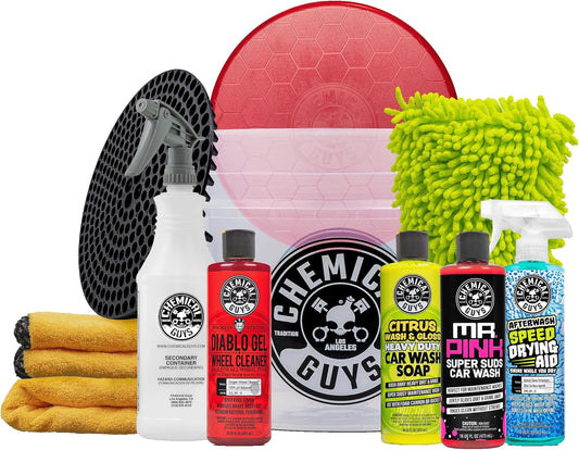 Chemical Guys Two Car Wash Bucket Kit with Dual Dirt Trap Filters, Chenille Wash Mitt, Mr. Pink, Citrus Wash, After Wash, and Drying Towel - 11 Items - Two Bucket Method Complete Setup