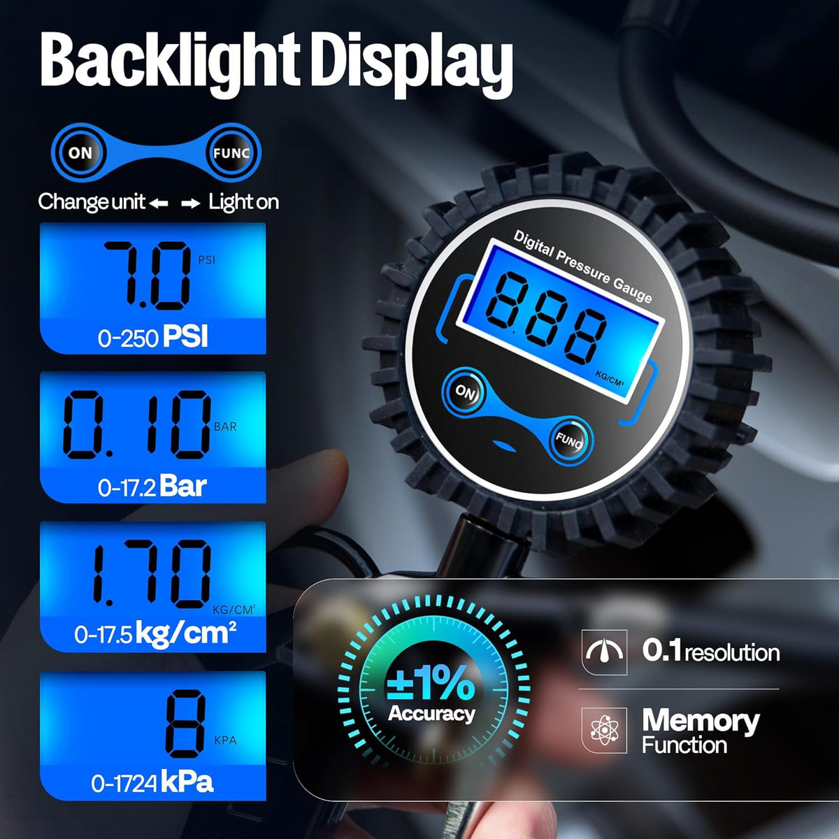 SPECSTAR 2 Pack Digital Tire Inflator with Pressure Gauge, Night Available 250 PSI Air Chuck and Compressor Accessories with Rubber Hose and Quick Connect Attachment for 0.1 Display Resolution