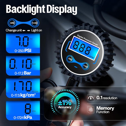 SPECSTAR 2 Pack Digital Tire Inflator with Pressure Gauge, Night Available 250 PSI Air Chuck and Compressor Accessories with Rubber Hose and Quick Connect Attachment for 0.1 Display Resolution