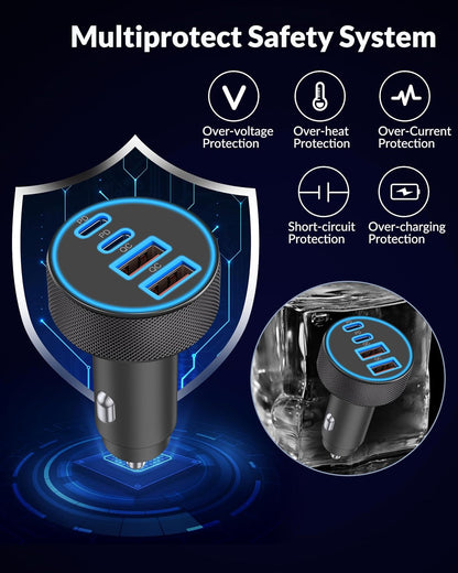 iPhone 17 16 15 Car Charger Fast Charging, 90W 4-Port USB C Fast Car Charger Cigarette Lighter Adapter with 240W 3FT USB-C Cable for iPhone 17/Air/17 Pro/17e/16/15 Pro Max/Plus/16e, iPad, Android
