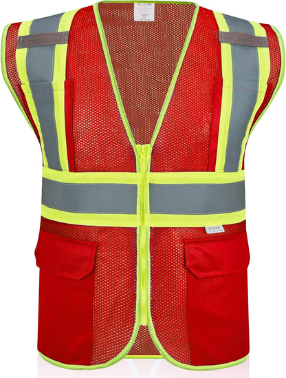 High Visibility Reflective Safety Vest with Zipper and Pockets Orange,M