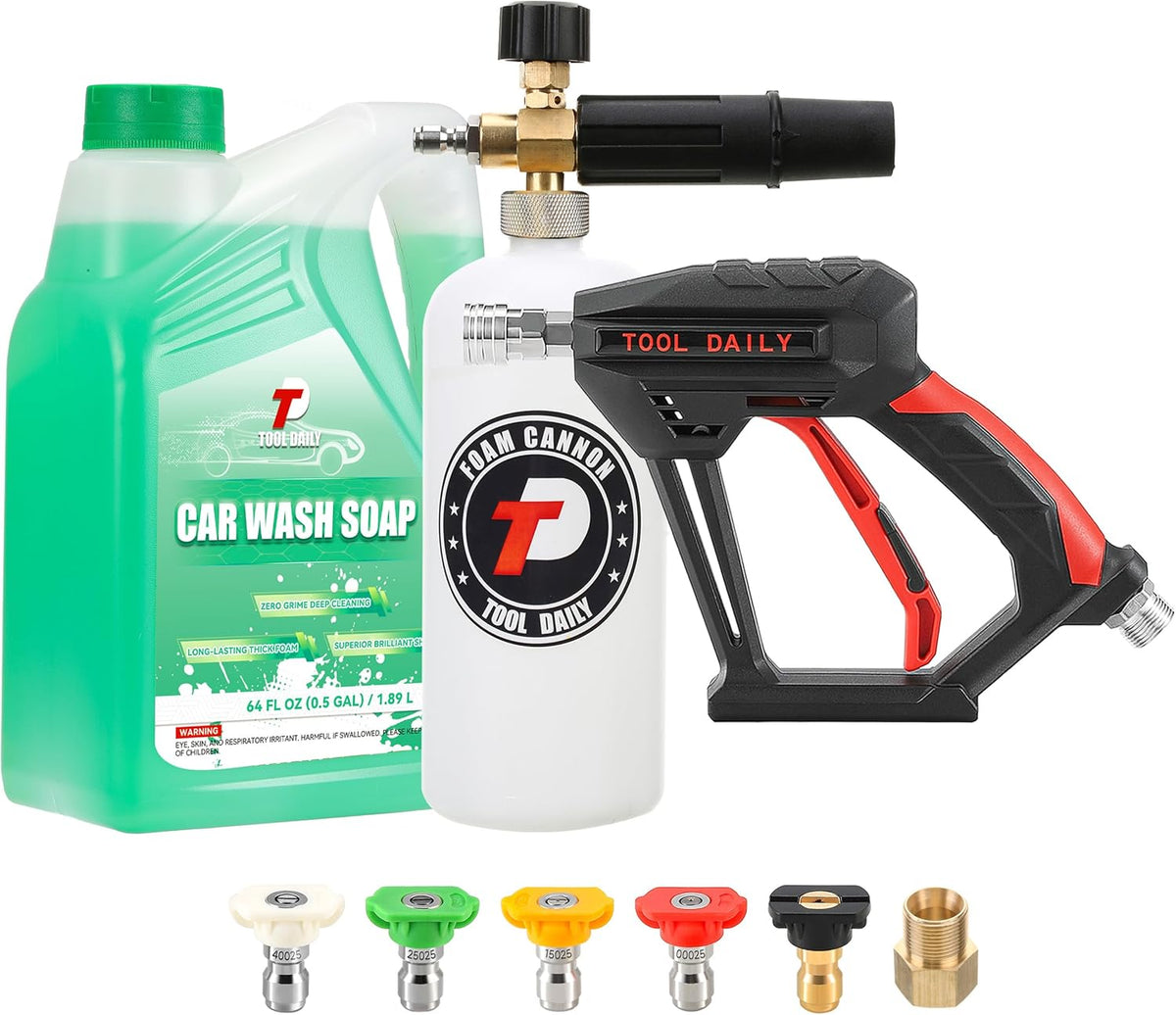 Tool Daily Short Pressure Washer Gun with Foam Cannon, 1/4 Inch Quick Connector, with 5 Pressure Washer Nozzle Tips, 1 Liter