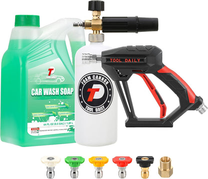 Tool Daily Short Pressure Washer Gun with Foam Cannon, 1/4 Inch Quick Connector, with 5 Pressure Washer Nozzle Tips, 1 Liter
