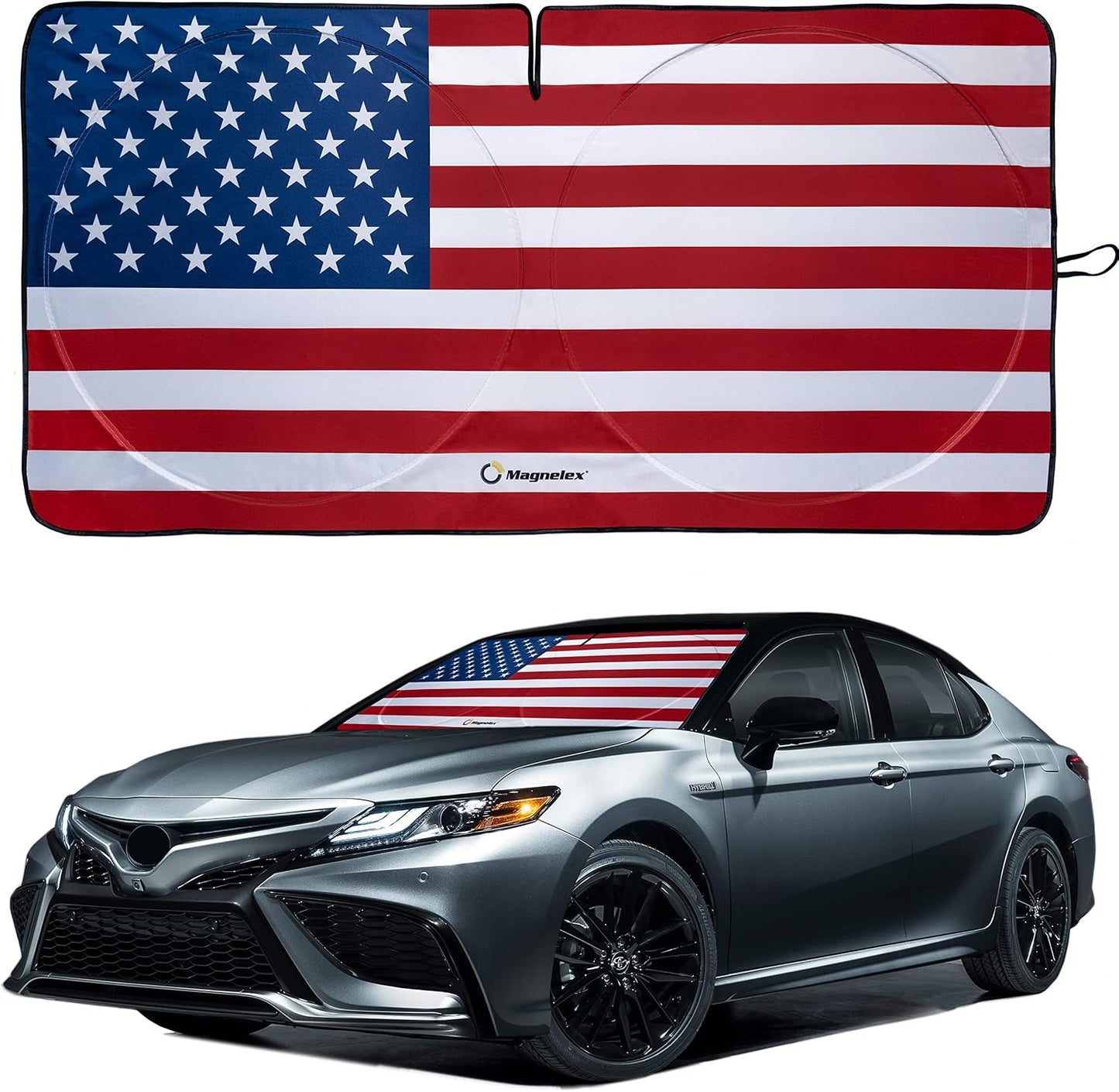 American Flag Windshield Sun Shade, High-Resolution Car Shield with Mirror Cut-Out for Automotive Interior Protection Heat Reduction, Folding Sunshade Storage Bag - Medium, Original