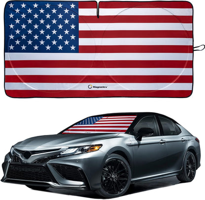 American Flag Windshield Sun Shade, High-Resolution Car Shield with Mirror Cut-Out for Automotive Interior Protection Heat Reduction, Folding Sunshade Storage Bag - Medium, Original