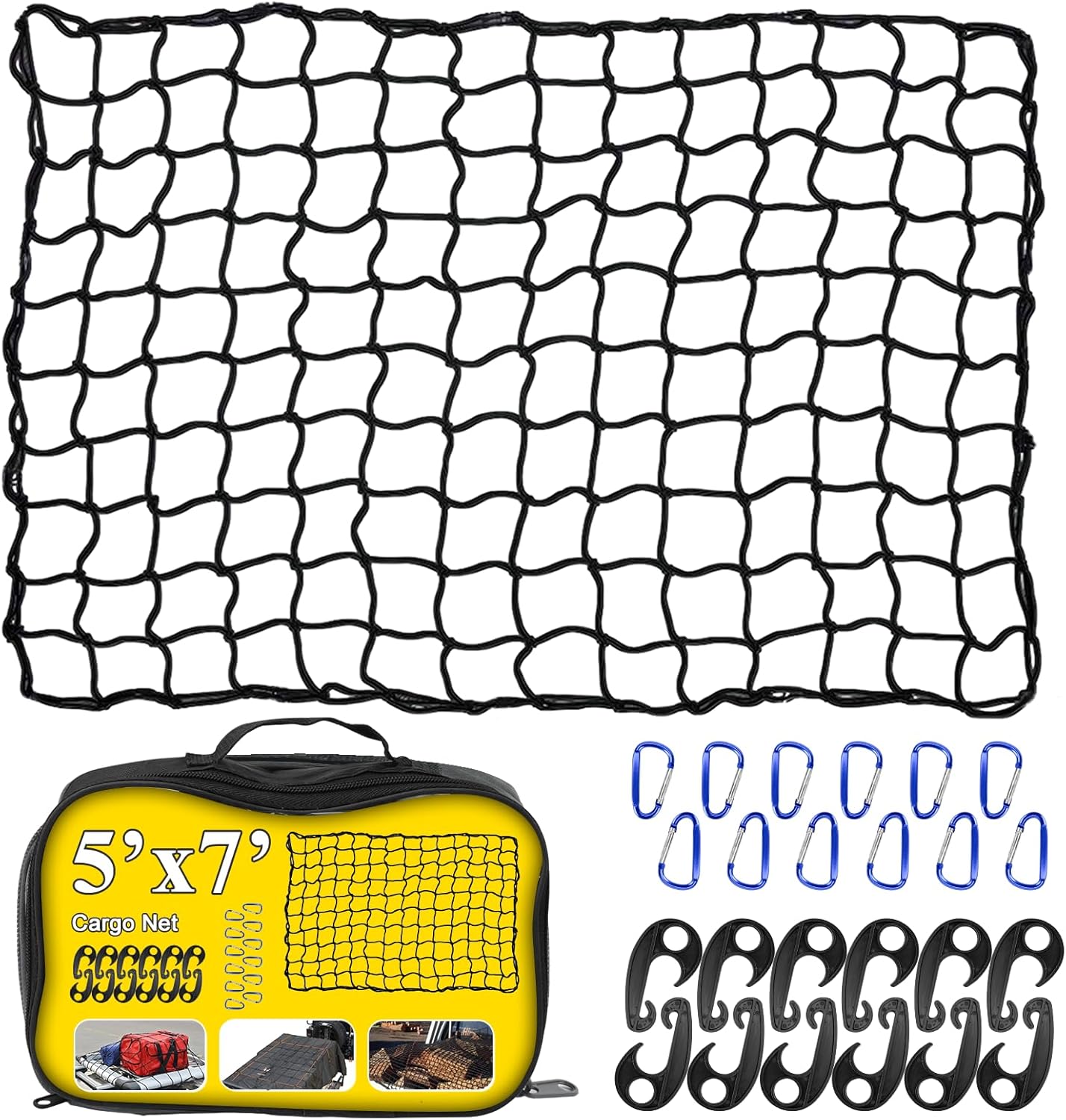 Cargo Net 4' x6' Stretches to 8' x 12' Truck Cargo Net for Pickup Truck Bed- Small 4"x4" Mesh Grid Super Duty Bungee Heavy Duty Bed Netting with 12 Adjustable Metal Carabiners by Cenipar