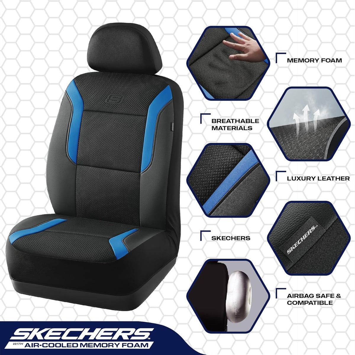 Skechers Memory Foam Seat Covers, Air Cool Mesh Thick Car Seat Covers, Car Seat Covers Front Seats Airbag Compatible, Universal Automotive Comfort for Most Cars, Vans, Trucks, SUV,Black