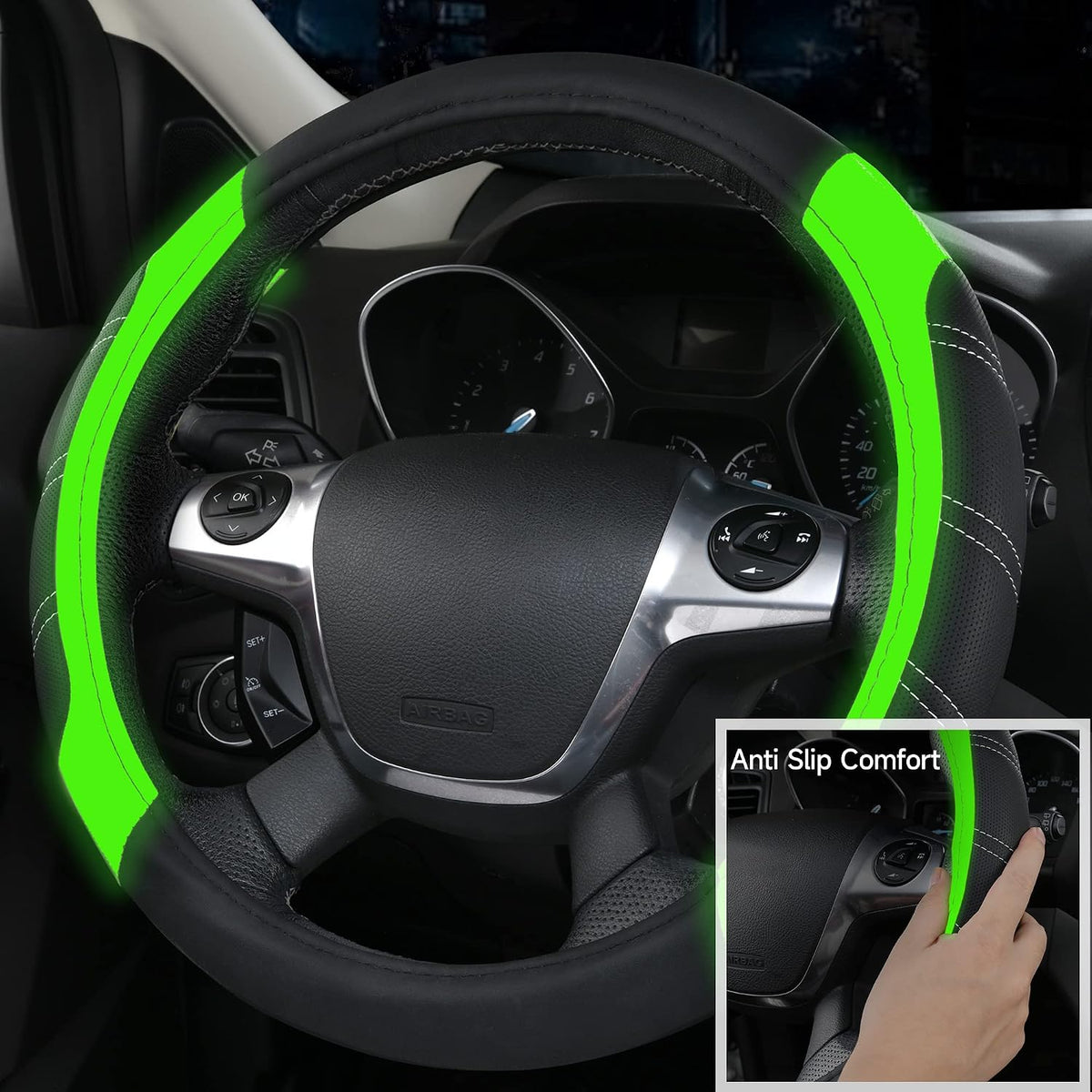 CAR PASS Air Mesh Leather Car Seat Covers Full Set, Waterproof Car Floor Mats, Sporty Steering Wheel Cover 14.5-15in, Universal Fits for 95% Cars Truck SUV (Black and Blue)
