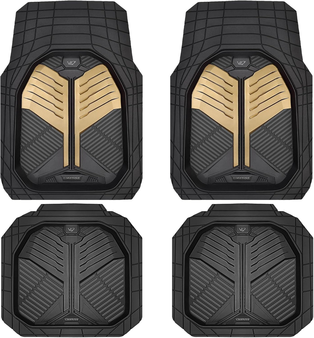 CAR PASS Heavy Duty Rubber Car Mats with Cargo Liner, Deep-Dish Car Floor Mats and Trunk Mat All Weather, Universal Trim-to-Fit for SUVs Trucks Sedans, Waterproof Anti-Slip, Trimmable V12 Black