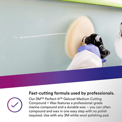 3M Perfect-It Gelcoat Medium Cutting Compound + Wax, 36106, 1 Quart, One-Step Process, P1500 and Finer Scratches, Fiberglass Oxidation Remover for Boats and RVs