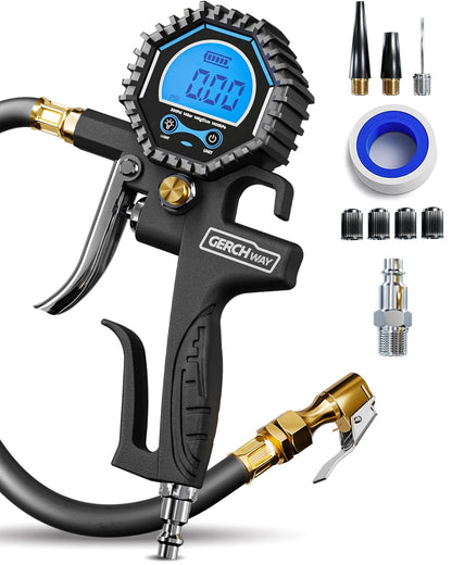 Tire Inflator with Pressure Gauge and Longer Hose - Most Accurate, Heavy Duty Air Chuck with Gauge for Air Compressor Tire Inflator Attachment - 100PSI