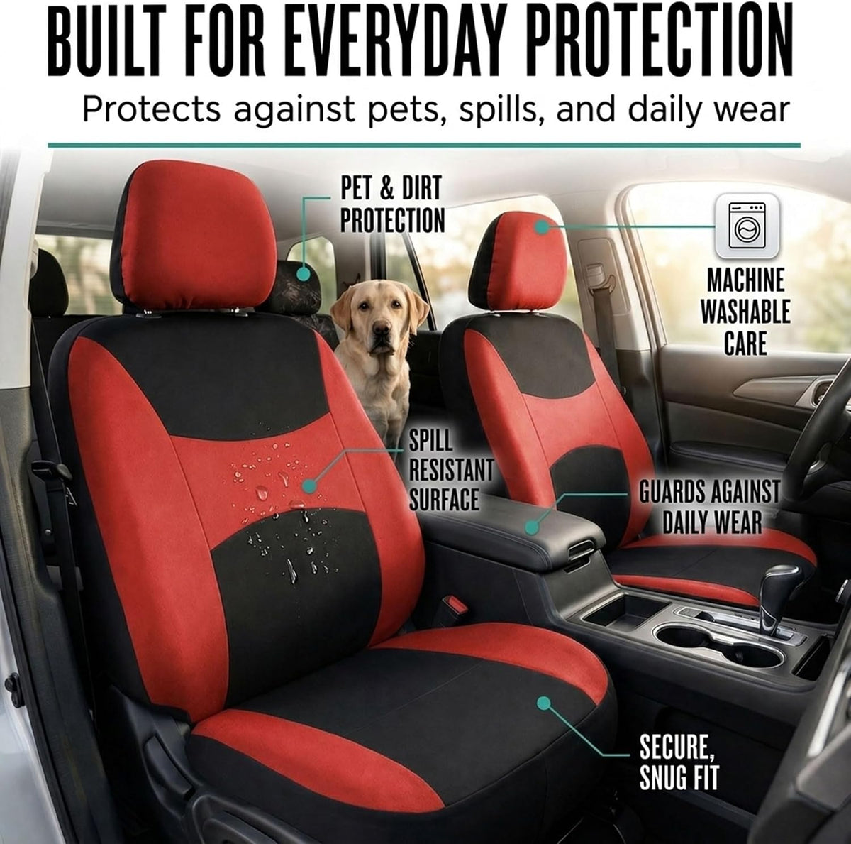 FH Group Full Set Cloth Car Seat Covers, Universal Fit Front and Split Bench Rear, Airbag Compatible, Washable for SUV, Sedan, Van - Black