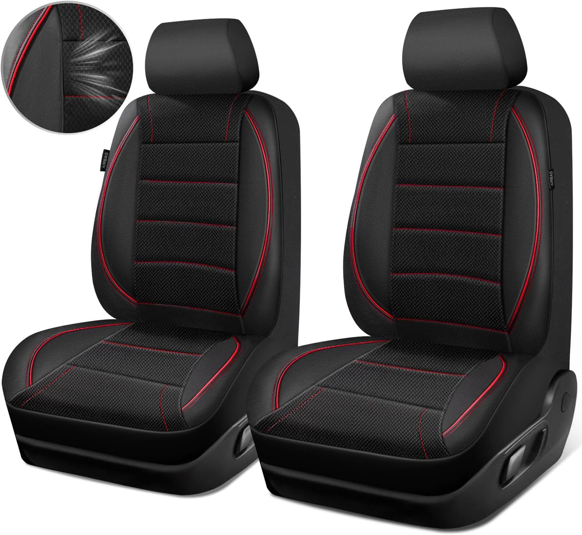CAR PASS Universal FIT Piping Leather Two Front Seat Covers, Waterproof Faux Leather for SUV Sedan Van Truck, Airbag Compatible,Reserved Opening Holes for Headrest Covers. (Black red)