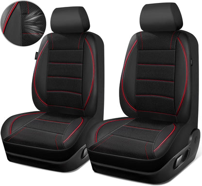 CAR PASS Universal FIT Piping Leather Two Front Seat Covers, Waterproof Faux Leather for SUV Sedan Van Truck, Airbag Compatible,Reserved Opening Holes for Headrest Covers. (Black red)
