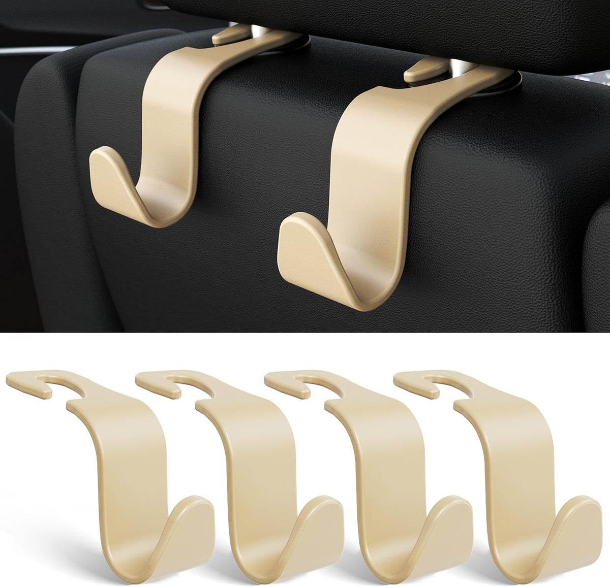 Amooca 4-Pack Car Headrest Hooks Vehicle Storage Organizer for Purses Handbags Groceries Backpack Coats –Holds 55lbs 360° Rotating Black