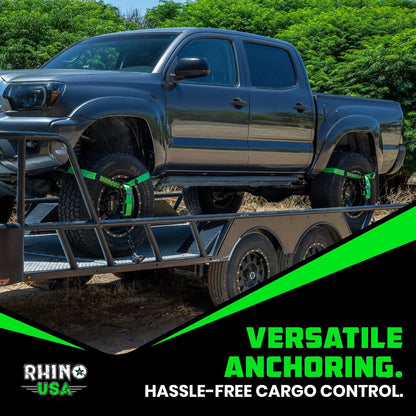 Rhino USA Car Tie Down Straps with J Hooks – 4 Pack 2" x8' – 10,000lbs Break Strength – Heavy Duty T-Handle Car Hauler Tire Lasso Wheel Straps for Trailers, UTV & Powersports – Black