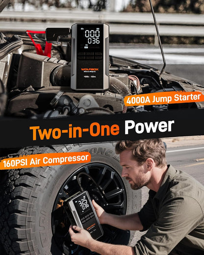 WOLFBOX MV16A 3000A Jump Starter with Air Compressor, 59.2Wh&160PSI Portable Car Battery Jump Starter with 65W Fast Charging, 12V Battery Pack (8L Gas 6L Diesel) with Boost, Light and Jumper Cables