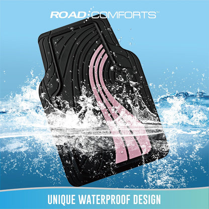 Road Comforts Car Floor Mats Full Set – Front & Rear Car Floor Mats with Aluminum Design, Anti-Slip Backing, All-Weather Protection, Trim-to-Fit Car Mats for Most Sedans, SUVs & Vans -All Pink