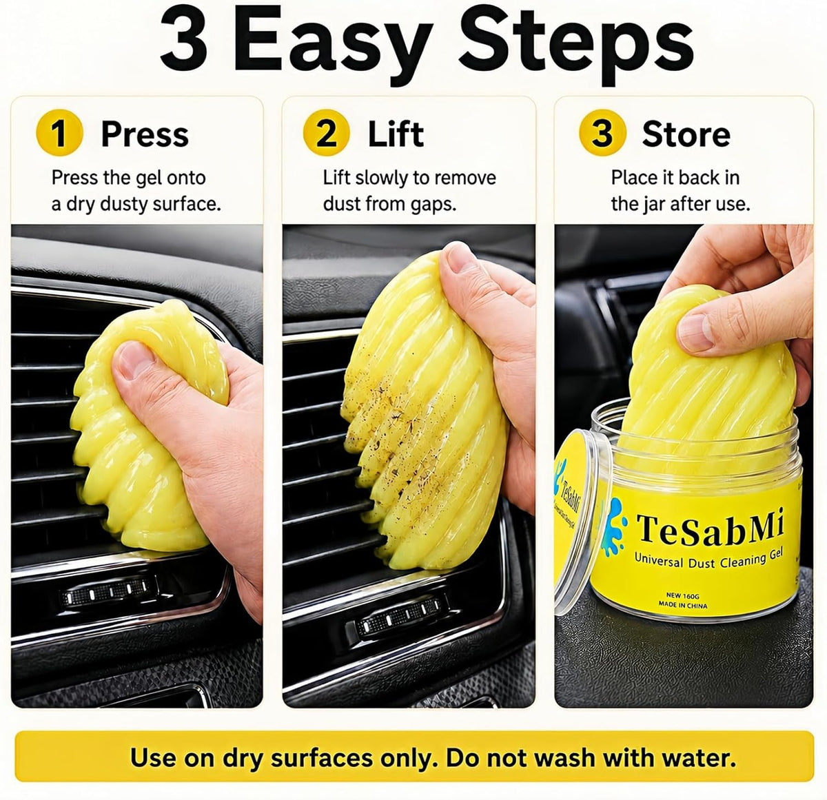 TeSabMi Car Cleaning Gel, Reusable Cleaning Putty & Dust Slime for Air Vents, Dashboard Gaps, Cup Holders, Console Buttons, Vehicle Interior Detailing Accessories, Yellow, 160g