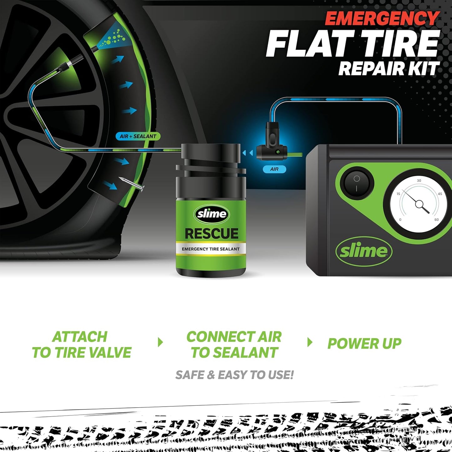 Slime 50107 Flat Tire Puncture Repair, Smart Spair, Emergency Kit For Car Tires, Includes Sealant And Tire Inflator Pump, Suitable For Cars And Other Highway Vehicles, 15 Min Fix