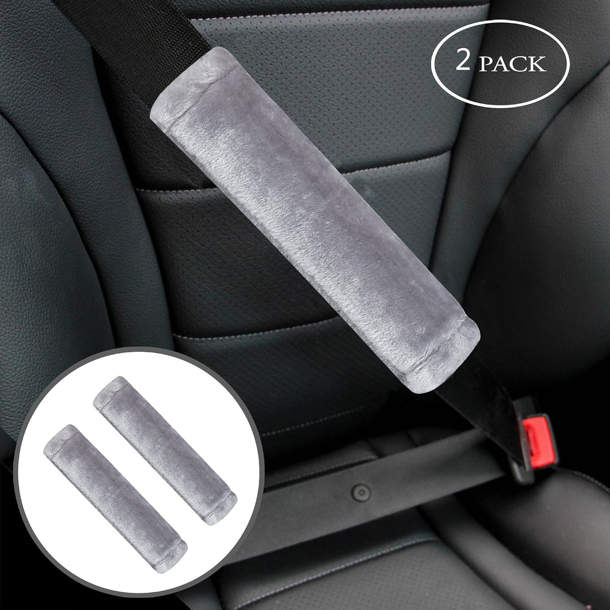 Amooca Soft Faux Fur Universal Fit Seatbelt Cover Car Truck SUV Airplane Seat Belt Shoulder Pad for Carmera Backpack Straps Neck Cushion Protector 2 Pack 10.5in Dark Gray