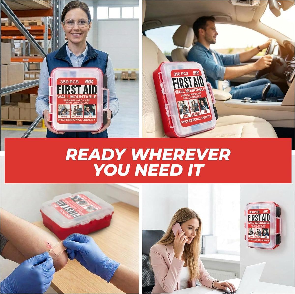 M2 BASICS 350 Piece Professional Wall-Mount First Aid Kit, Home, Business | Dual-Layer Hard Case, Office, Warehouse, Jobsite, Garage, Vehicle, Workplace Safety, Classroom And Emergency Readiness