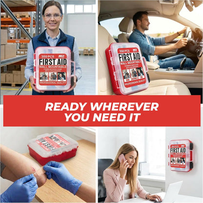 M2 BASICS 350 Piece Professional Wall-Mount First Aid Kit, Home, Business | Dual-Layer Hard Case, Office, Warehouse, Jobsite, Garage, Vehicle, Workplace Safety, Classroom And Emergency Readiness