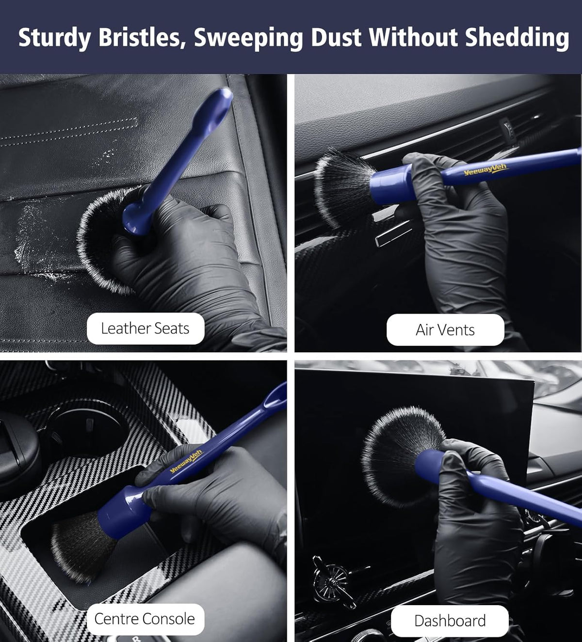 YeewayVeh Car Detailing Brush Set, 3 Pack Ultra Soft Boars Hair Detailing Brushes for Leather Seat Air Vents Engine Bay, Auto Detail Brushes Car Detailing for Interior Exterior, Indigo
