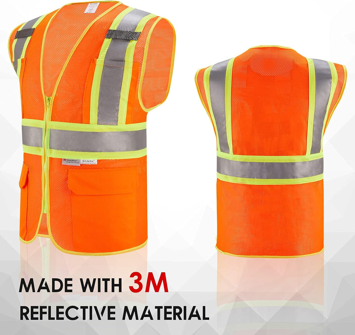 High Visibility Reflective Safety Vest with Zipper and Pockets Orange,M
