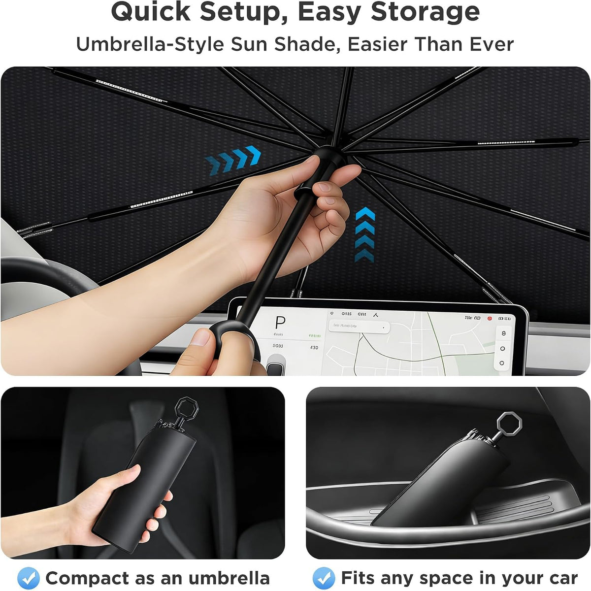 2026 Upgraded Windshield Sun Shade Umbrella [7-Layer Vinyl Coating Heat Shield] Foldable Front Window Sunshade Umbrella Flexible Handle Protect Interior from UV Keep Car Cooler (57" x 31")
