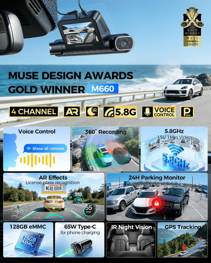 AZDOME 360° 4 Channel Dash Cam Front and Rear Inside, Built-in 128GB eMMC, 2K+1080P*3 Dashcam, Left Right, Voice Control, 5G WiFi Dash Camera for Cars with 4 Adjustable Lenses, IR Night Vision, M660