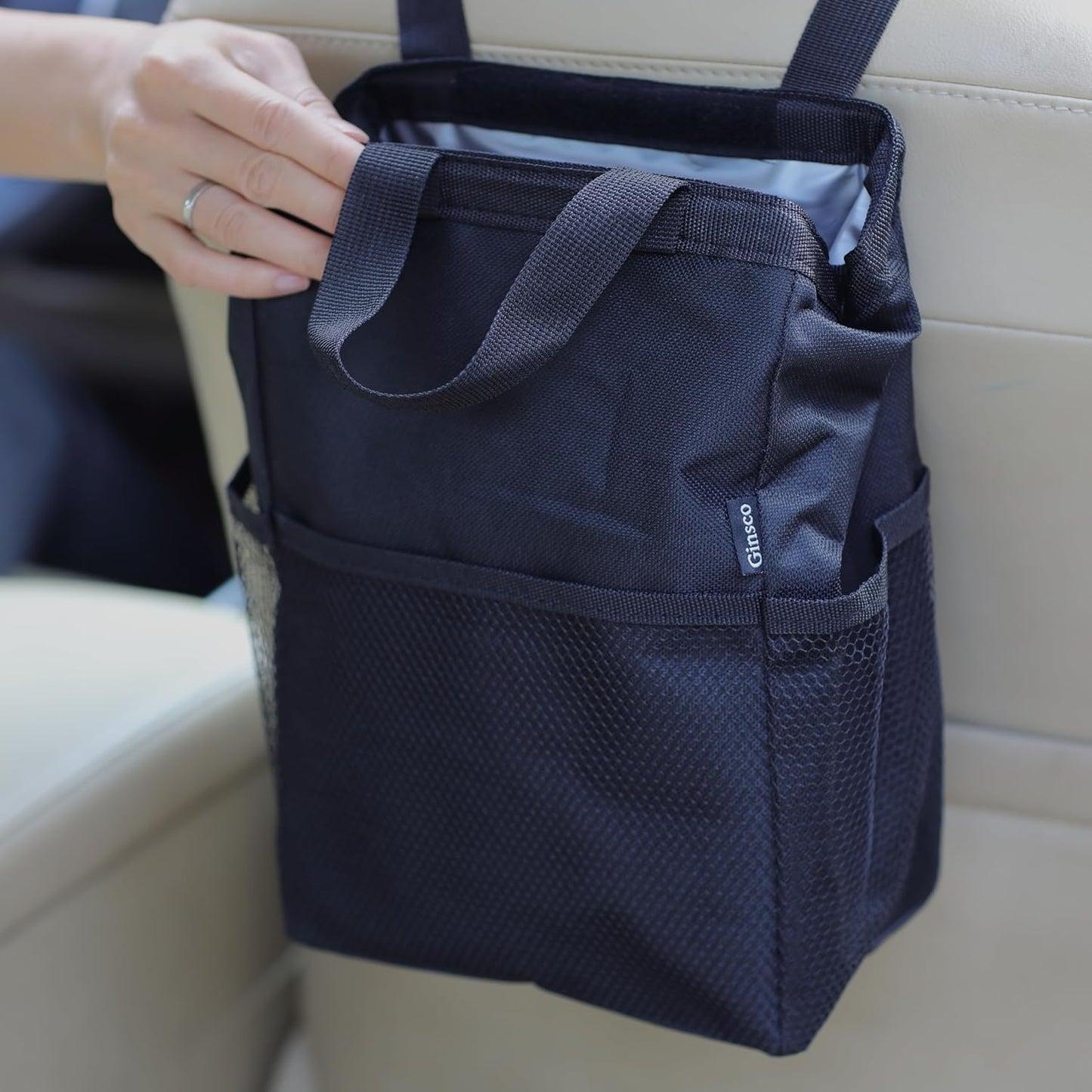 Ginsco New Leak-Proof Travel Car Trash Bag, 3.5 Gallons Large Capacity Hanging Car Trash Can with Hook and Loop Lid and Handle, Multipurpose Trash Bin with Storage Pockets for SUV RV Camping (Black)