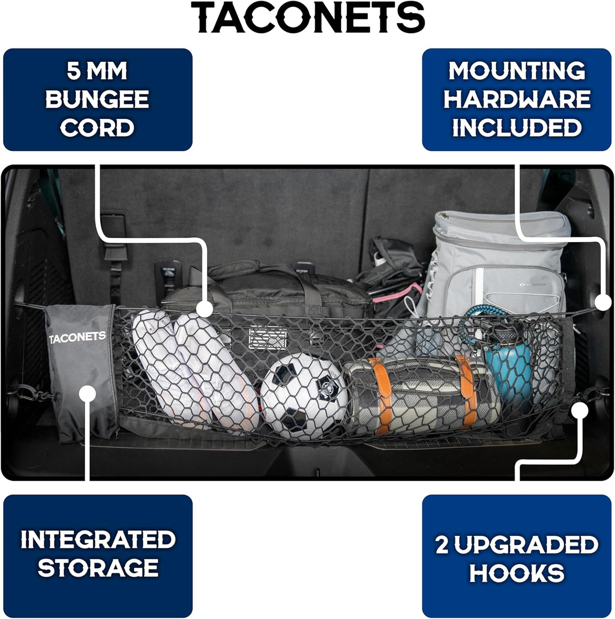 TacoNets Envelope Cargo Net for GMC Sierra & Chevy Silverado - Fits 2013-Current - Upgraded 5mm Bungee - Integrated Storage Bag - Heavy Duty Carabiners - Designed in USA