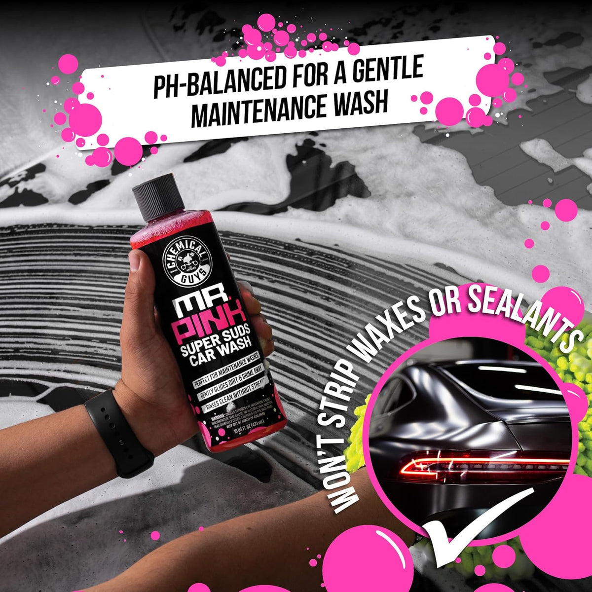 Chemical Guys Mr. Pink Car Wash Soap - 16 oz Super Suds Foaming Car Wash Soap for Cannon, Blaster, or Bucket Washing - pH Balanced, Safe on Wax, Sealant, Ceramic, and Clear Coat Finishes