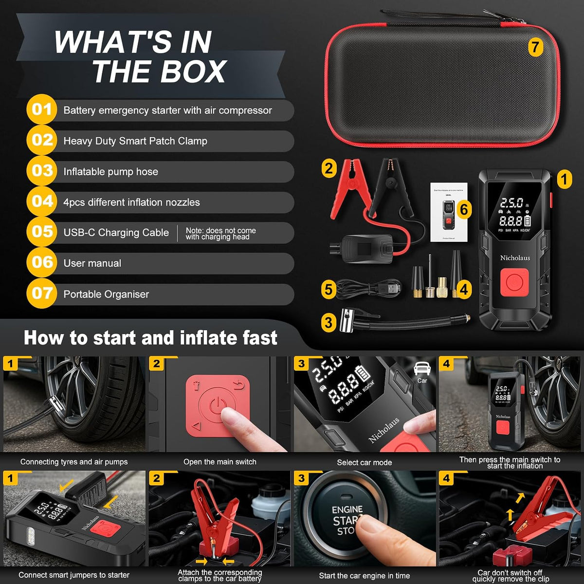 12 V Car 8000 mAh Battery Jump Starter 2800A with 150psI Air Compressor, Compact and Practical Edition QB08L Safe Smart, Portable Jump Box and Charger for 6.0L Gas and 3.0L Diesel Engines.