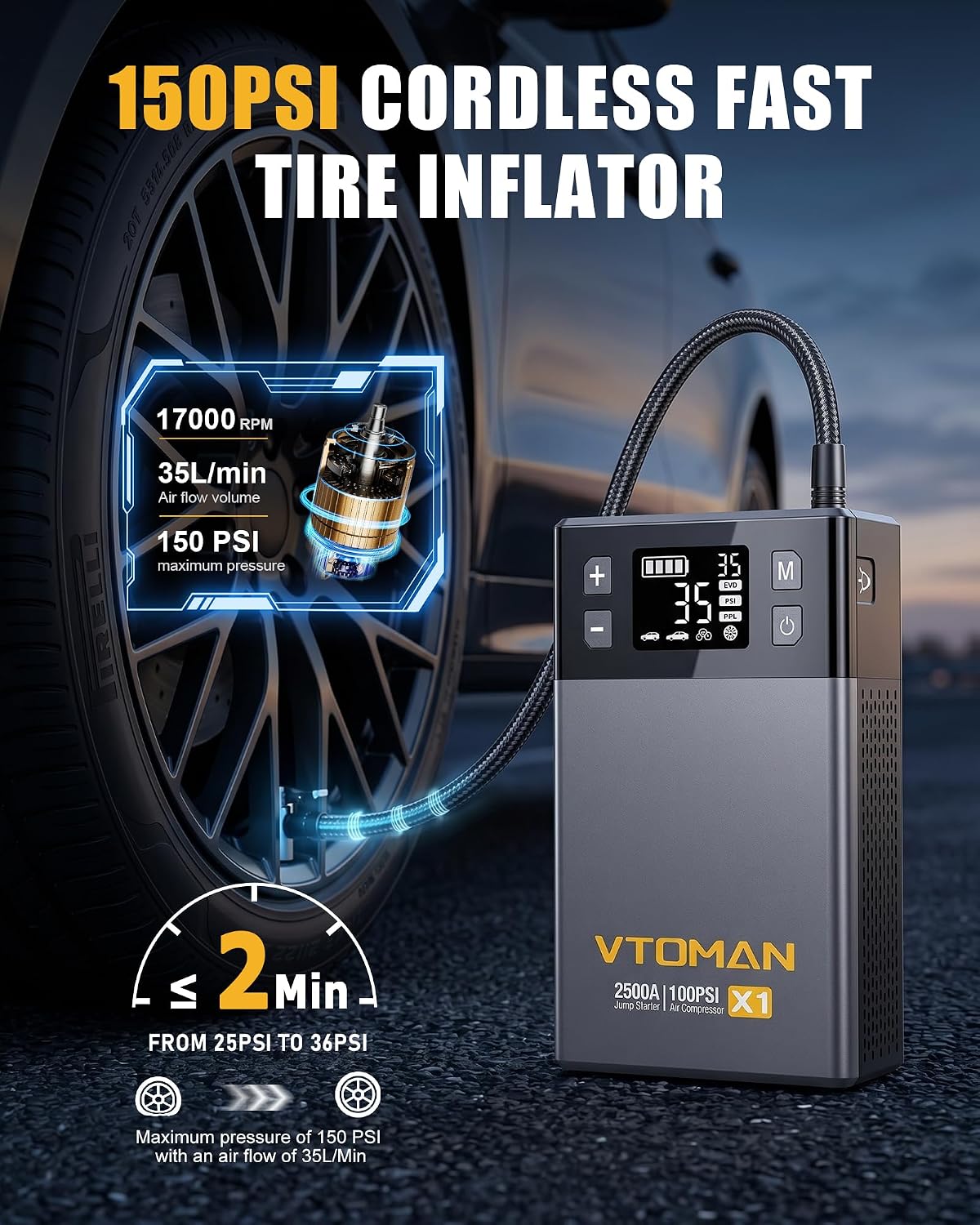 VTOMAN X1 Jump Starter with Air Compressor, Car Battery Jumper Starter (Up to 8.5L Gas/6L Diesel Engine) with 150PSI Auto Tire Inflator, 12V Portable Booster Pack, Lithium Jump Box Charger-Black