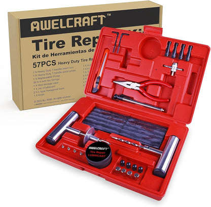 AWELCRAFT 10-Piece Economical Tire Repair Kit – Flat Tire Plug Kit with T-Handle Tools, Storage Case – Fix Punctures Fast, No Tire Removal Needed – Ideal for Car, Truck, Motorcycle, ATV