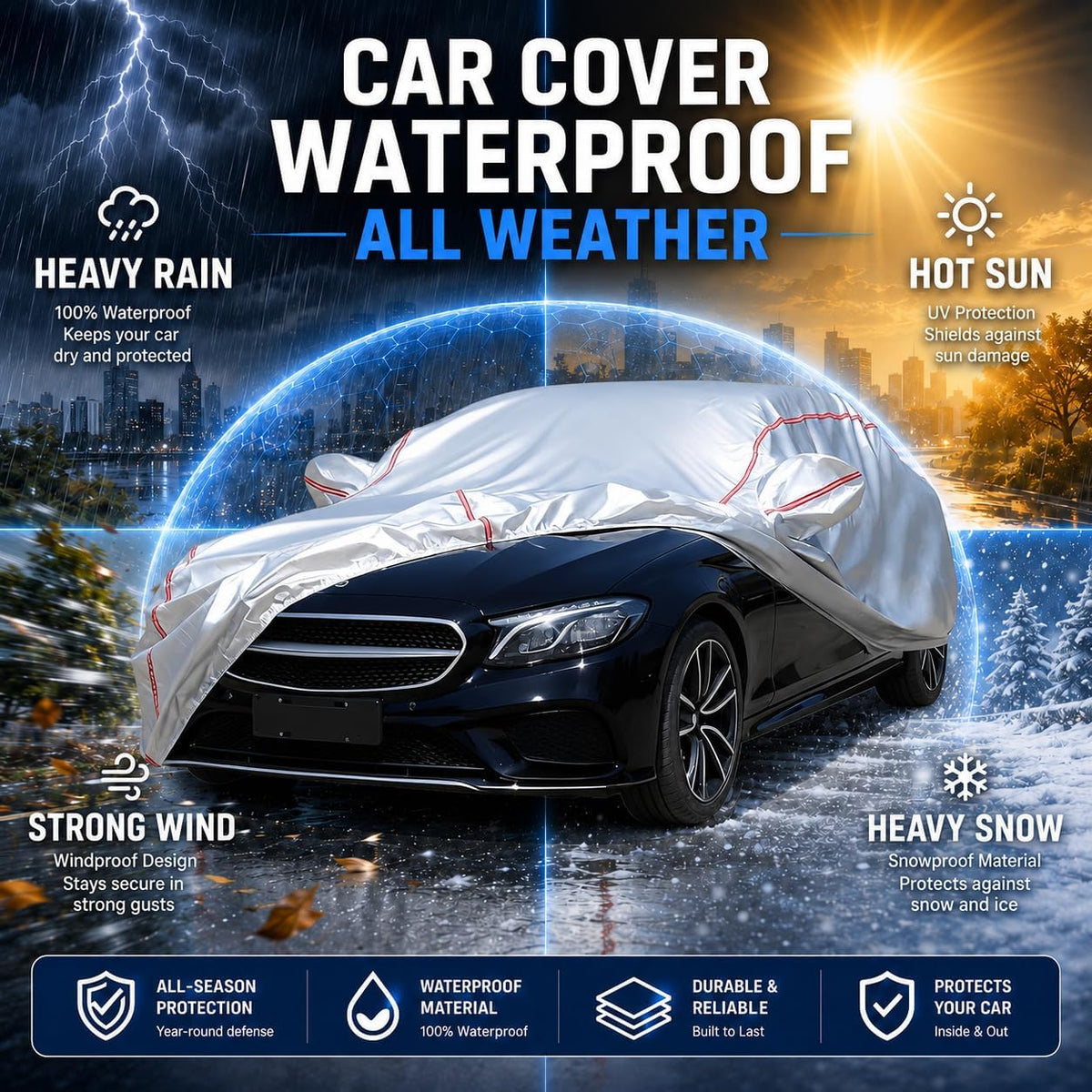 Car Cover for Sedan, Waterproof All Weather Heavy Duty, 360° Underbody Wrap Windproof Design, Quick Install Outdoor Vehicle Cover, Fits 186-193 in