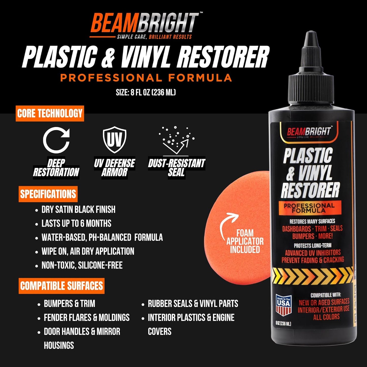 BEAM BRIGHT Plastic Trim Restorer – Dry, Non-Greasy for a True Natural Black Trim Finish for Severely Faded Car Trim & Vinyl. Long-Lasting UV Protection for Exterior & Interior Plastic – 8 oz