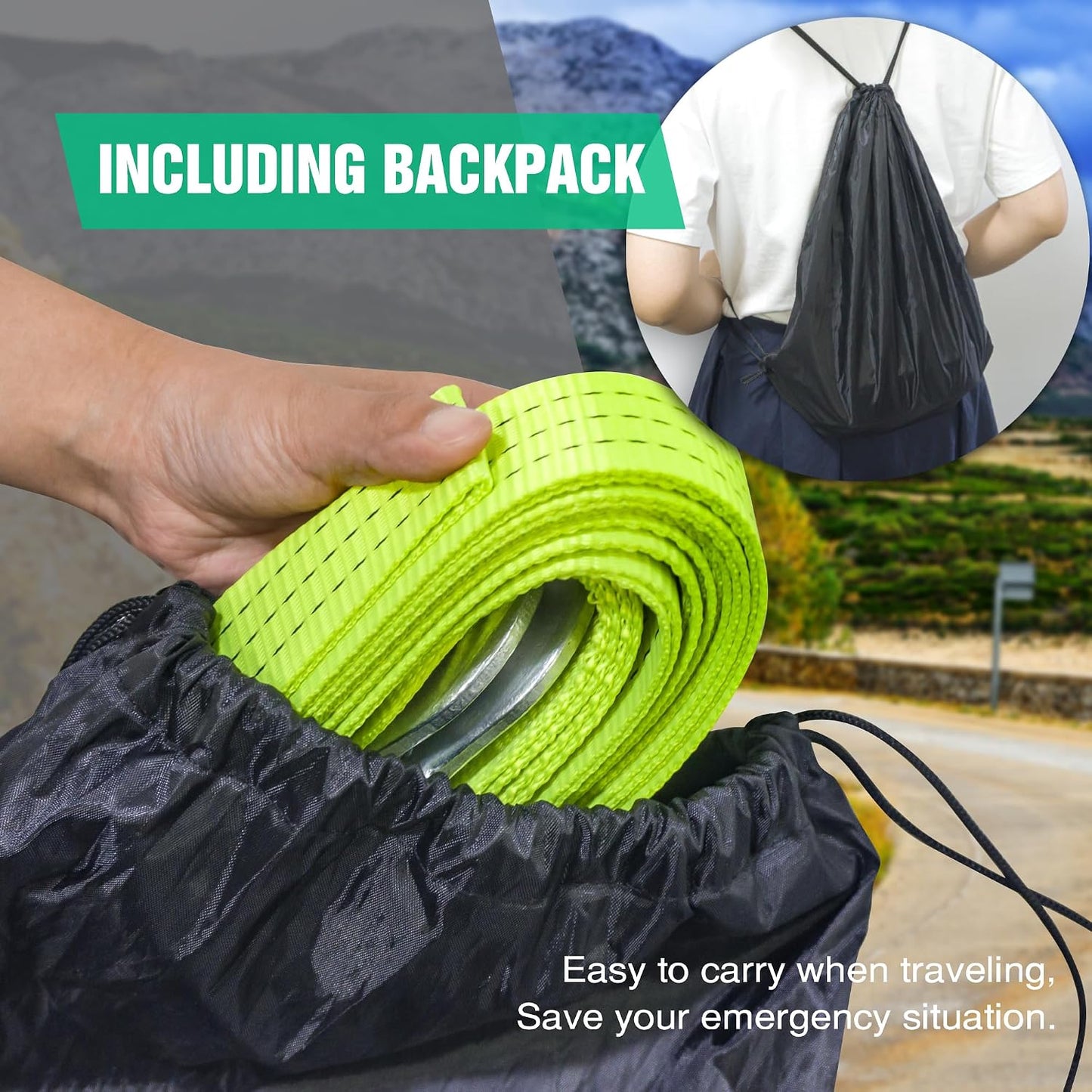 Tow Strap with Hooks 2”x20’ 15,000 LBS, Tow Rope Metal Safety Hooks, Car Heavy Duty Recovery Rope for Trailers, Securing Items, and Farm Cleaning