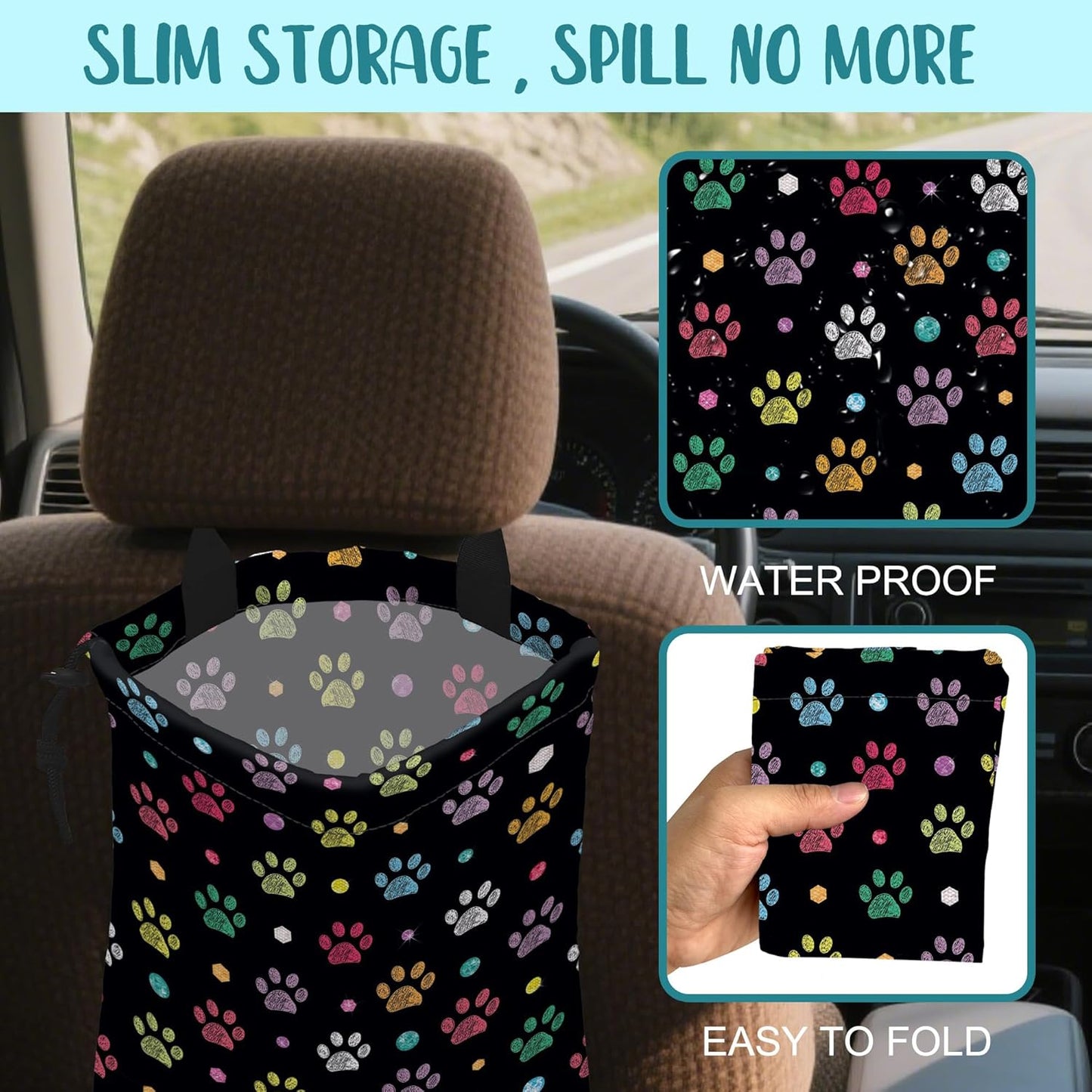 Car Garbage Bag Colorful Floral Spring Daisy Drawstring Car Trash Bag Hanging for Back Seat with Adjustable Buckle Canvas Vehicle Trash Can Easy-to-Install