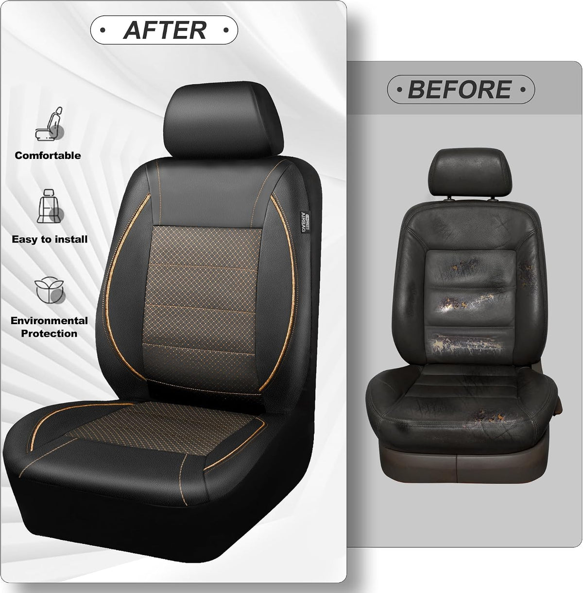 CAR PASS Universal FIT Piping Leather Two Front Seat Covers, Waterproof Faux Leather for SUV Sedan Van Truck, Airbag Compatible,Reserved Opening Holes for Headrest Covers. (Black red)