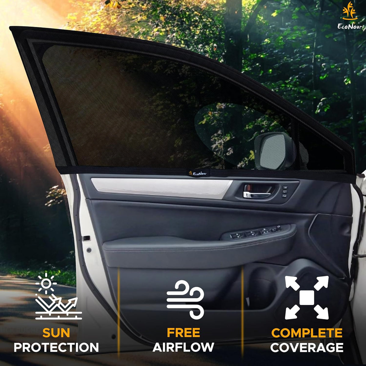 EcoNour Car Window Shades for Side Windows (Pack of 2) | Sun Shade for Car Heat and UV Protection | Adjustable Elastic Fabric Baby Car Shade | Rear Side Window Sun Shade Accessories (Large 21"x36")