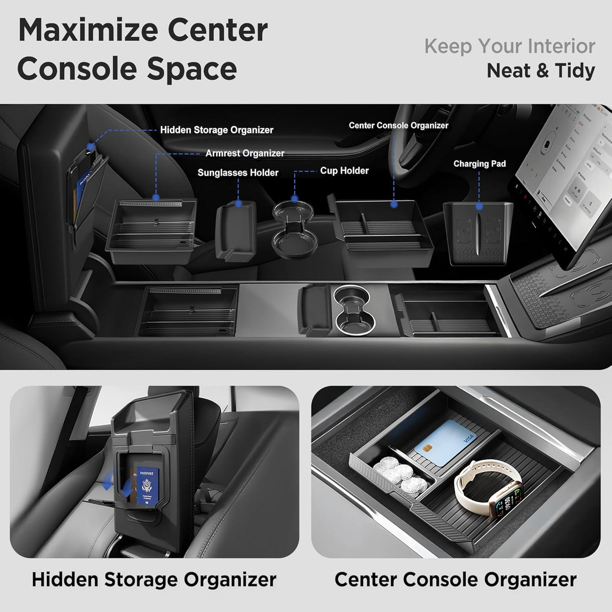 8PCS Center Console Organizer for Tesla Model Y Juniper Accessories 2026 2025 & for Tesla Model 3 Accessories 2024-2026 [Slide Smoothly & US Patent] Charging Pad Sunglasses Cup Holder Black