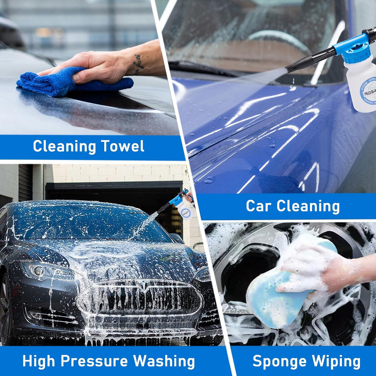 Blue Car Wash Foam Gun Sprayer Kit with Sponge & Towel, Snow Foam Blaster for Car & Garden Cleaning