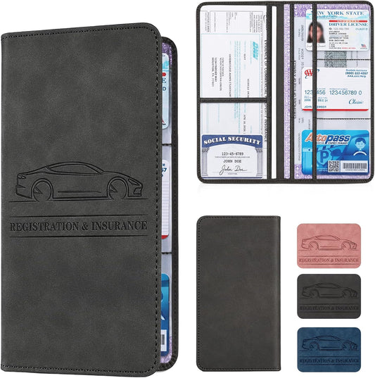 Car Registration and Insurance Card Holder, Magnetic Closure Leather Vehicle Document Organizer, Neat Stitched Glove Box Storage Case, Compact Lightweight Card Holder for Driver License - Black